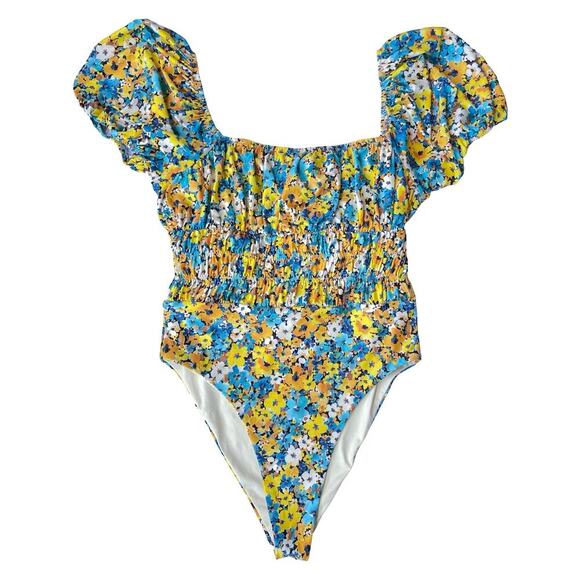 L*Space Marilyn One-Piece Swimsuit Daisy Diamond Puff Sleeves Smocked - Size 8 - Picture 6 of 16